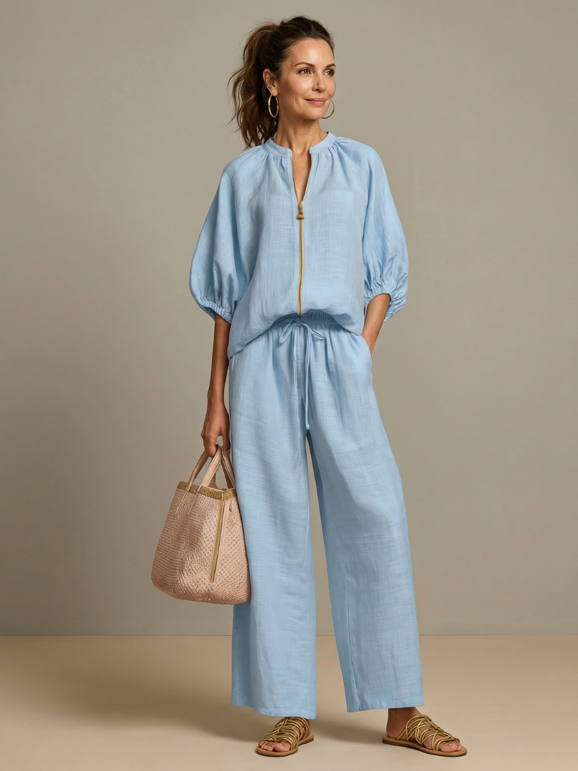 Women's Zip Front Blouson Top Wide Leg Two-Piece Set