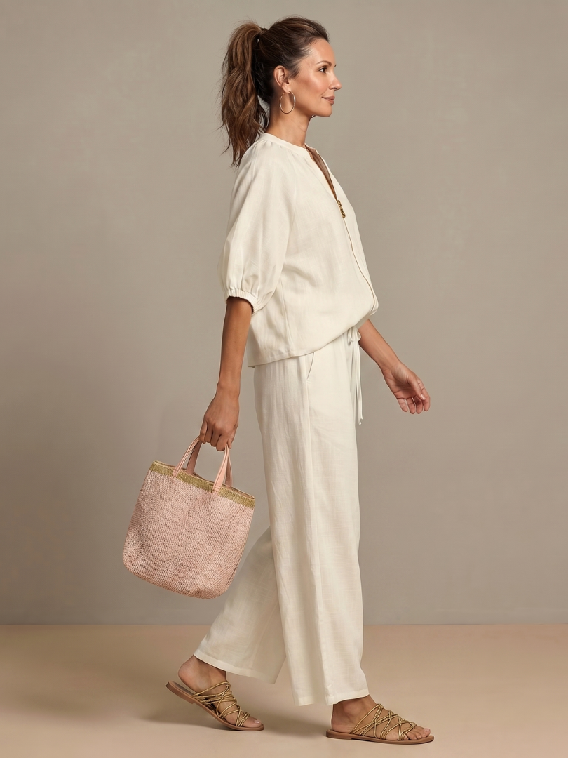 Women's Zip Front Blouson Top Wide Leg Two-Piece Set