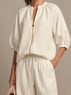 Women's Zip Front Blouson Top Wide Leg Two-Piece Set