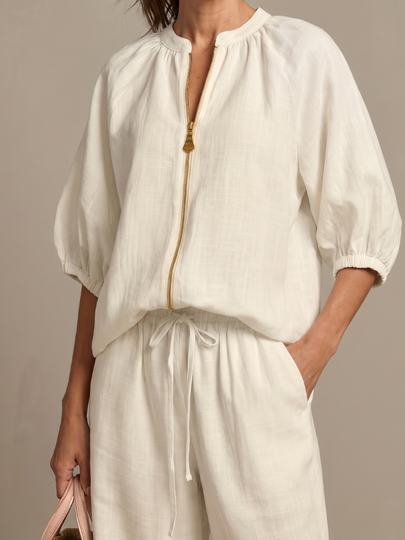 Women's Zip Front Blouson Top Wide Leg Two-Piece Set