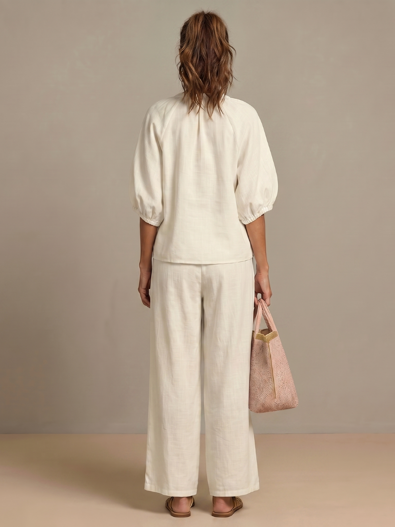 Women's Zip Front Blouson Top Wide Leg Two-Piece Set