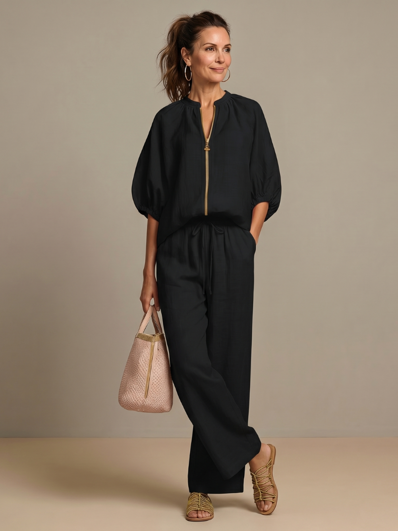 Women's Zip Front Blouson Top Wide Leg Two-Piece Set