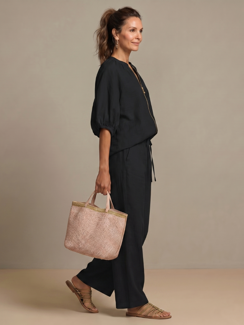 Women's Zip Front Blouson Top Wide Leg Two-Piece Set