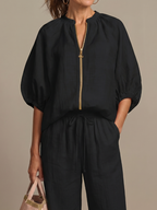 Women's Zip Front Blouson Top Wide Leg Two-Piece Set