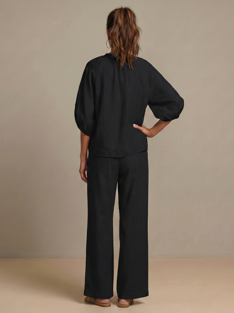 Women's Zip Front Blouson Top Wide Leg Two-Piece Set