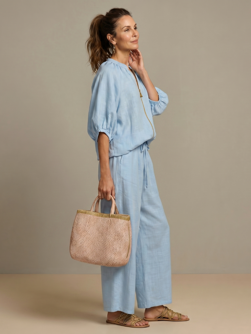 Women's Zip Front Blouson Top Wide Leg Two-Piece Set