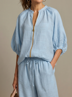 Women's Zip Front Blouson Top Wide Leg Two-Piece Set
