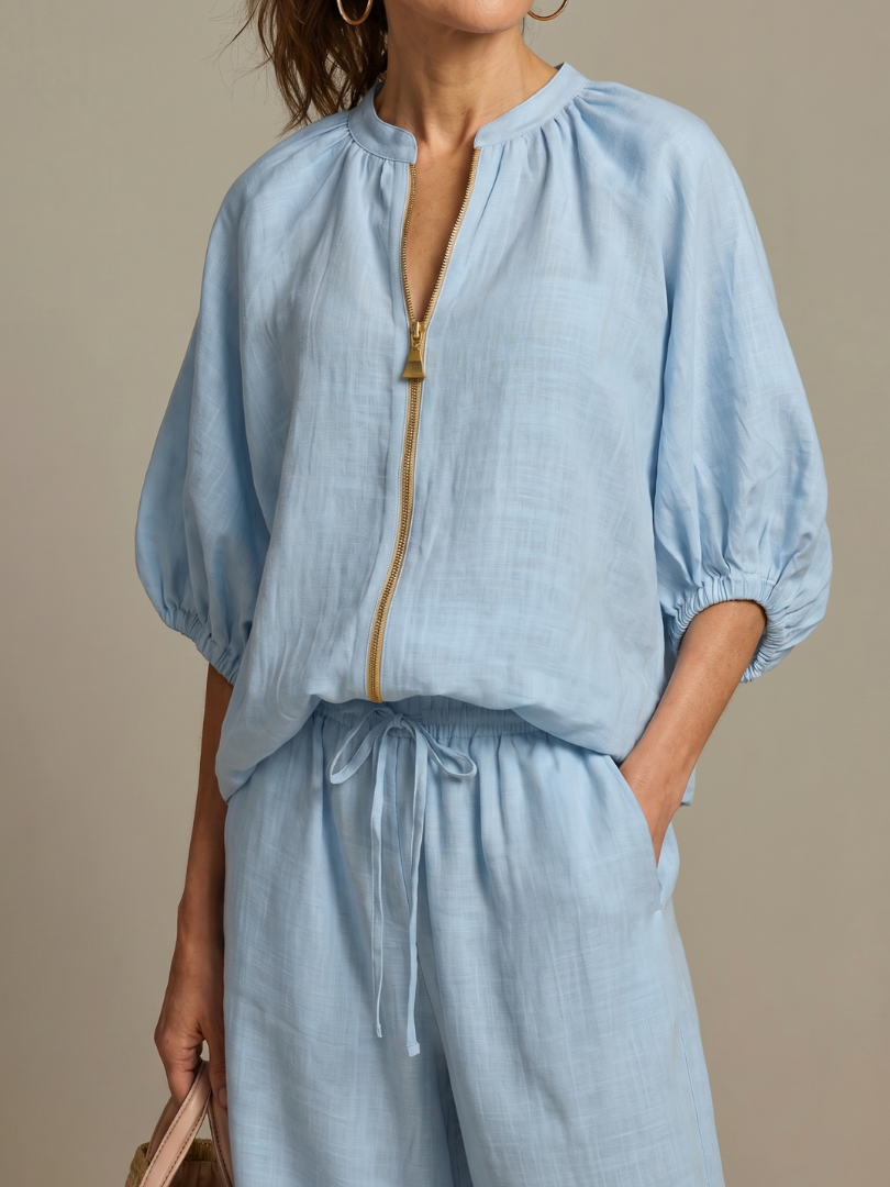 Women's Zip Front Blouson Top Wide Leg Two-Piece Set