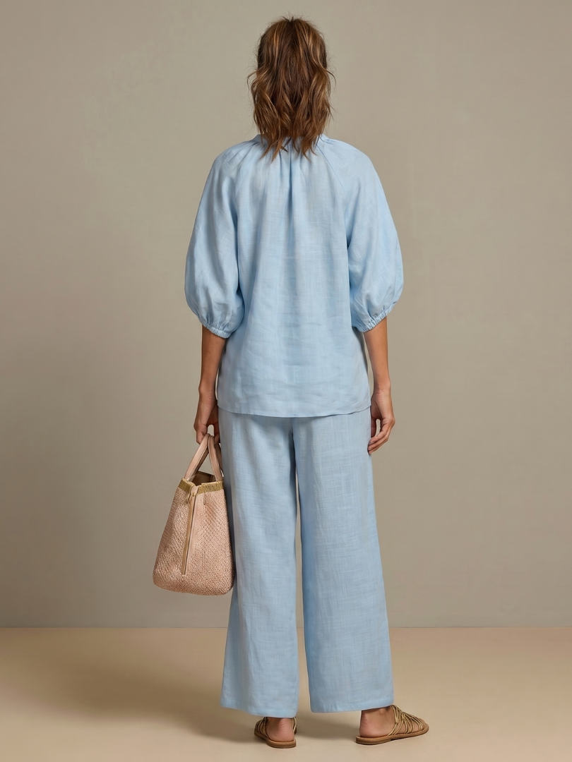 Women's Zip Front Blouson Top Wide Leg Two-Piece Set