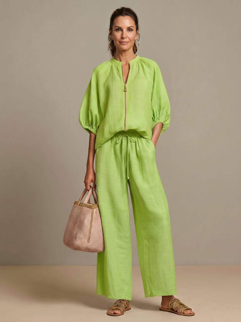 Women's Zip Front Blouson Top Wide Leg Two-Piece Set