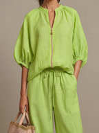 Women's Zip Front Blouson Top Wide Leg Two-Piece Set