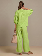 Women's Zip Front Blouson Top Wide Leg Two-Piece Set