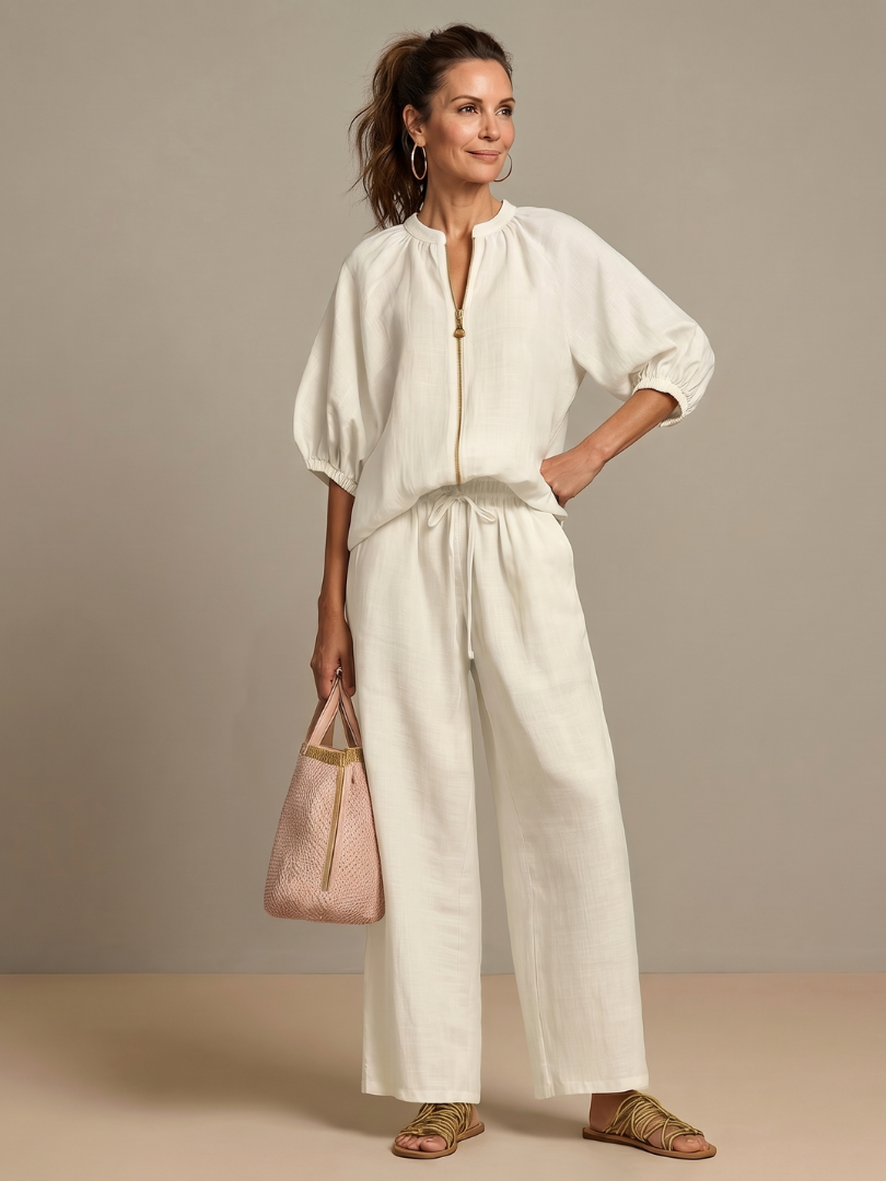 Women's Zip Front Blouson Top Wide Leg Two-Piece Set