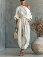 Women's Aria | Off-Shoulder Draped Top and Tapered Trouser Two-Piece Set