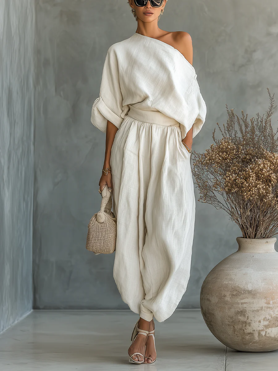 Women's Aria | Off-Shoulder Draped Top and Tapered Trouser Two-Piece Set