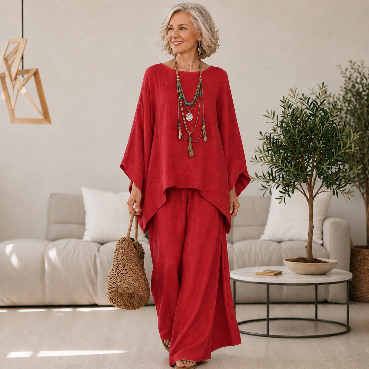 Women's Batwing Tunic Top and Flowing Wide-Leg Pant Two-Piece Set