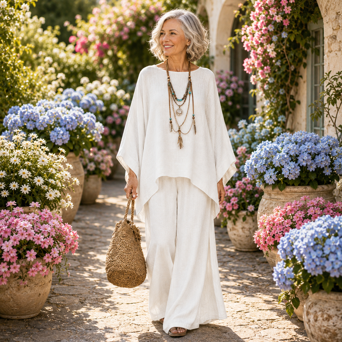 Women's Batwing Tunic Top and Flowing Wide-Leg Pant Two-Piece Set