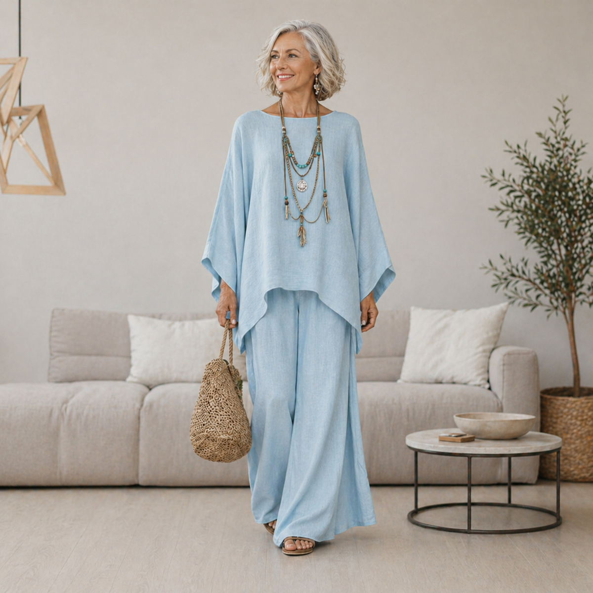 Women's Batwing Tunic Top and Flowing Wide-Leg Pant Two-Piece Set