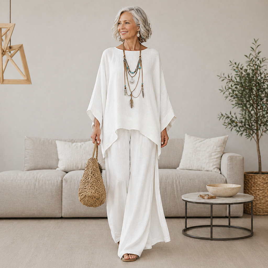 Women's Batwing Tunic Top and Flowing Wide-Leg Pant Two-Piece Set