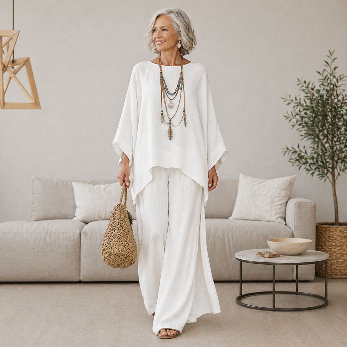 Women's Batwing Tunic Top and Flowing Wide-Leg Pant Two-Piece Set