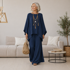 Women's Batwing Tunic Top and Flowing Wide-Leg Pant Two-Piece Set
