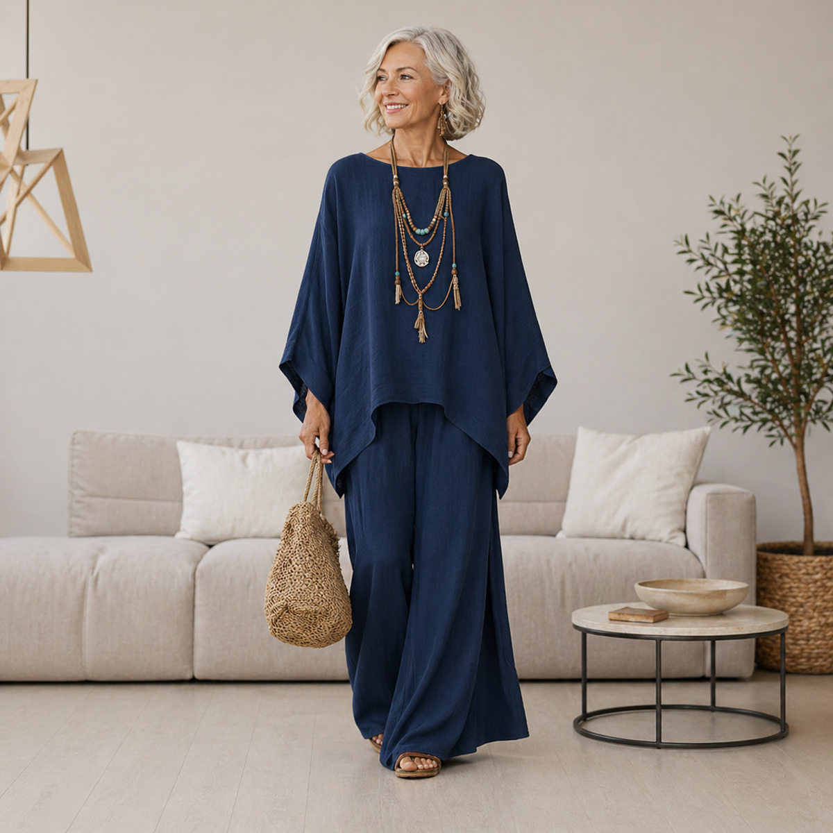 Women's Batwing Tunic Top and Flowing Wide-Leg Pant Two-Piece Set