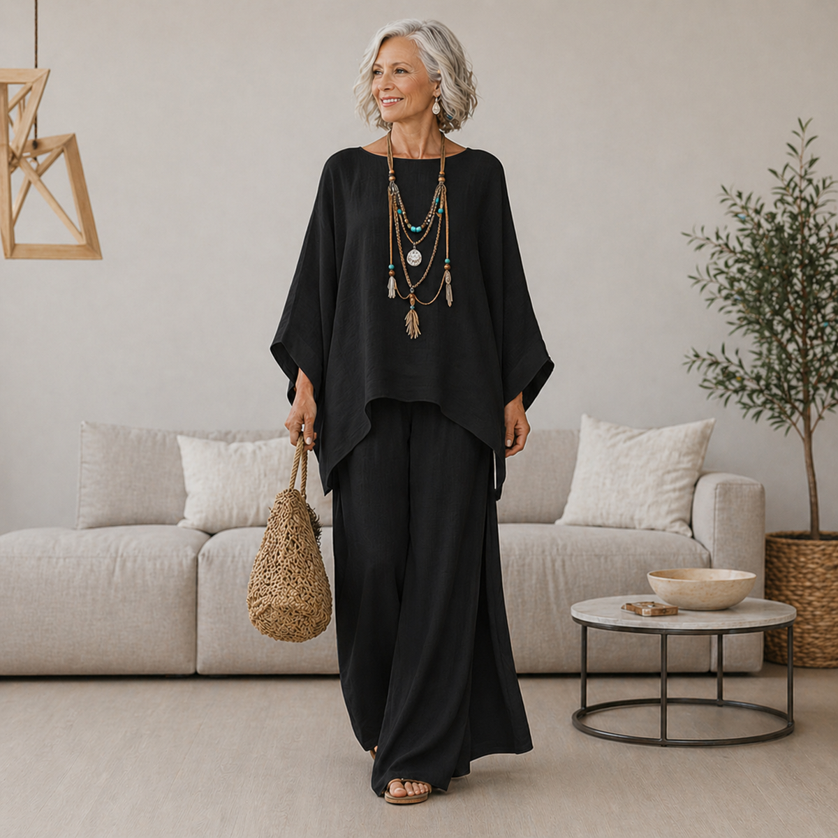 Women's Batwing Tunic Top and Flowing Wide-Leg Pant Two-Piece Set