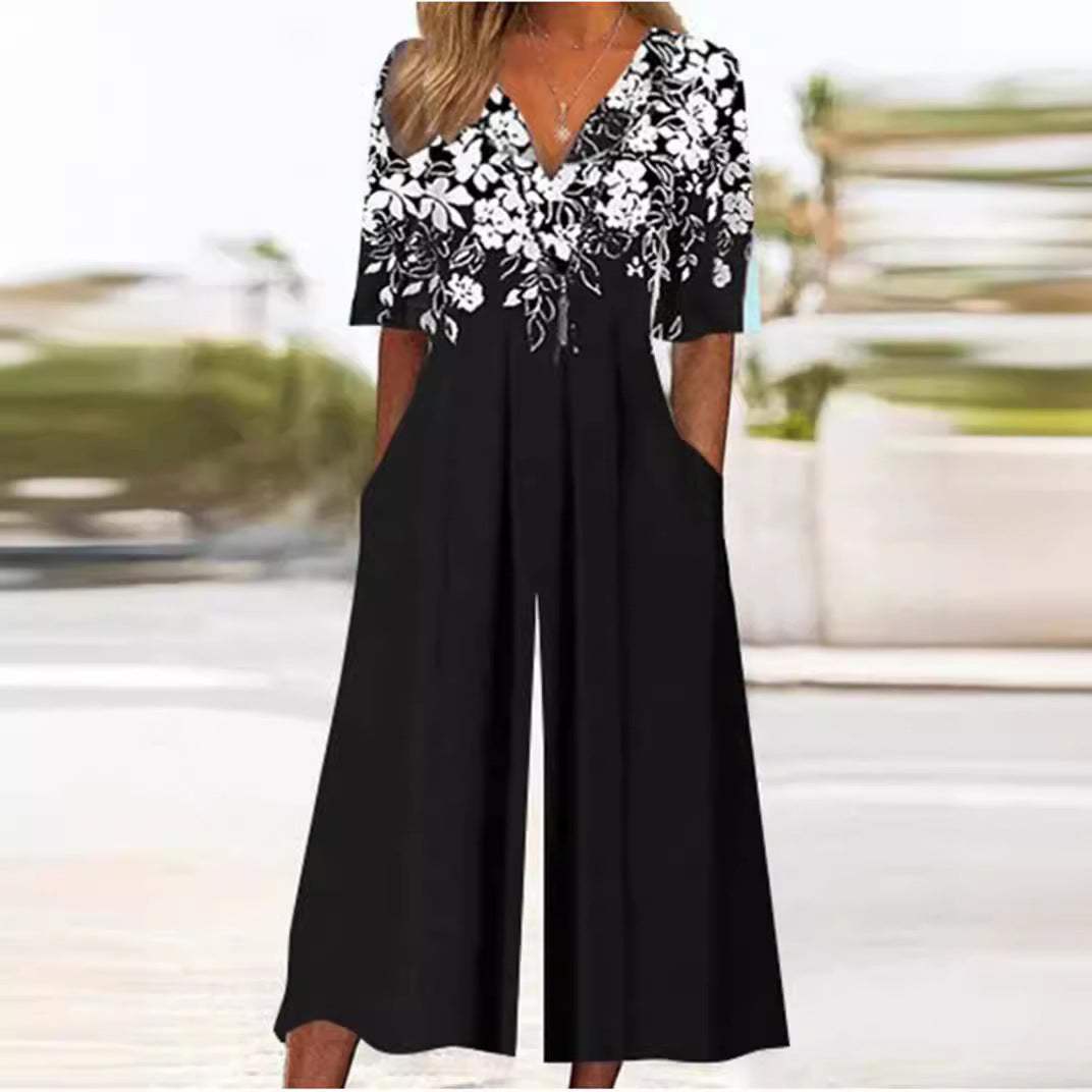 Women's Boho Floral Print V-Neck Half-Sleeve Wide-Leg Jumpsuit