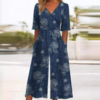 Women's Boho Floral Print V-Neck Half-Sleeve Wide-Leg Jumpsuit