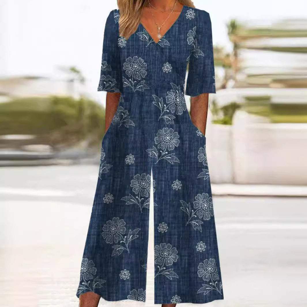 Women's Boho Floral Print V-Neck Half-Sleeve Wide-Leg Jumpsuit