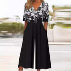 Women's Boho Floral Print V-Neck Half-Sleeve Wide-Leg Jumpsuit