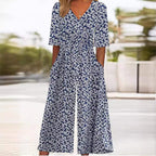 Women's Boho Floral Print V-Neck Half-Sleeve Wide-Leg Jumpsuit