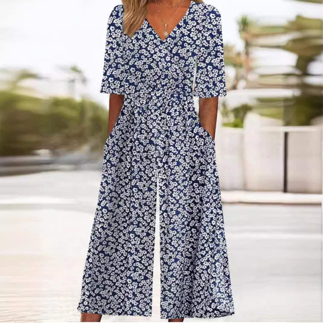 Women's Boho Floral Print V-Neck Half-Sleeve Wide-Leg Jumpsuit