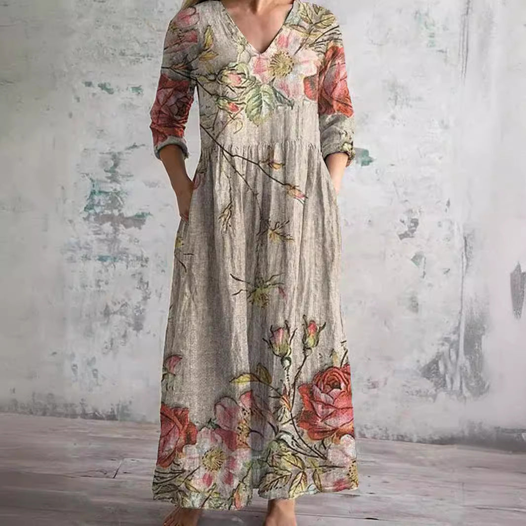 Women's Boho Floral V-Neck Three-Quarter Sleeve Maxi Dress with Side Pockets