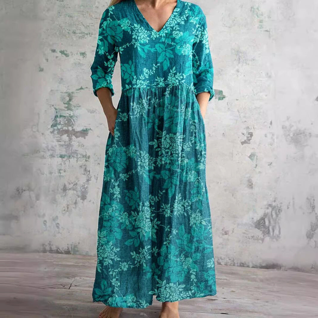Women's Boho Floral V-Neck Three-Quarter Sleeve Maxi Dress with Side Pockets