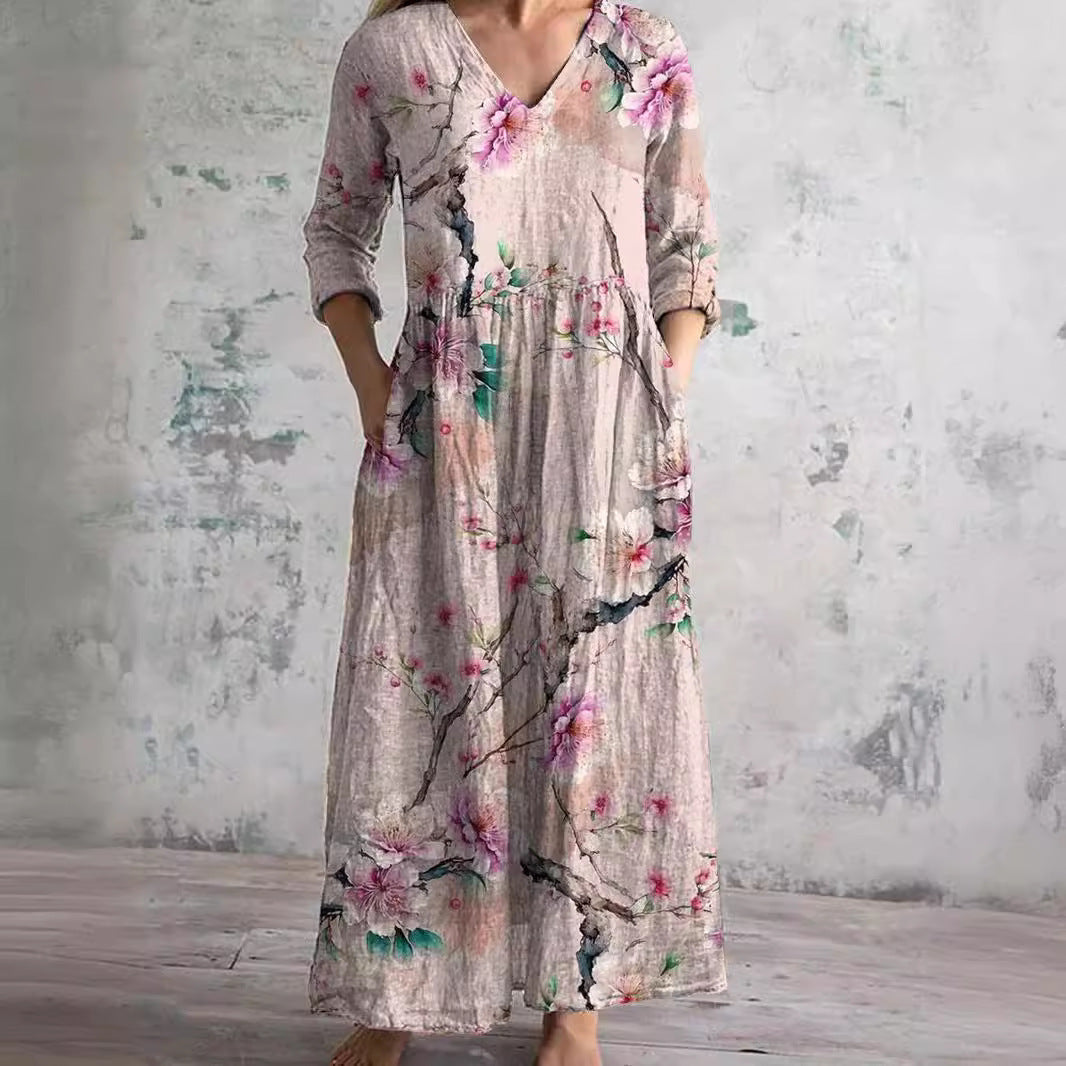 Women's Boho Floral V-Neck Three-Quarter Sleeve Maxi Dress with Side Pockets