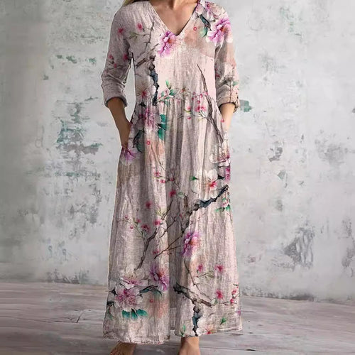 Women's Boho Floral V-Neck Three-Quarter Sleeve Maxi Dress with Side Pockets