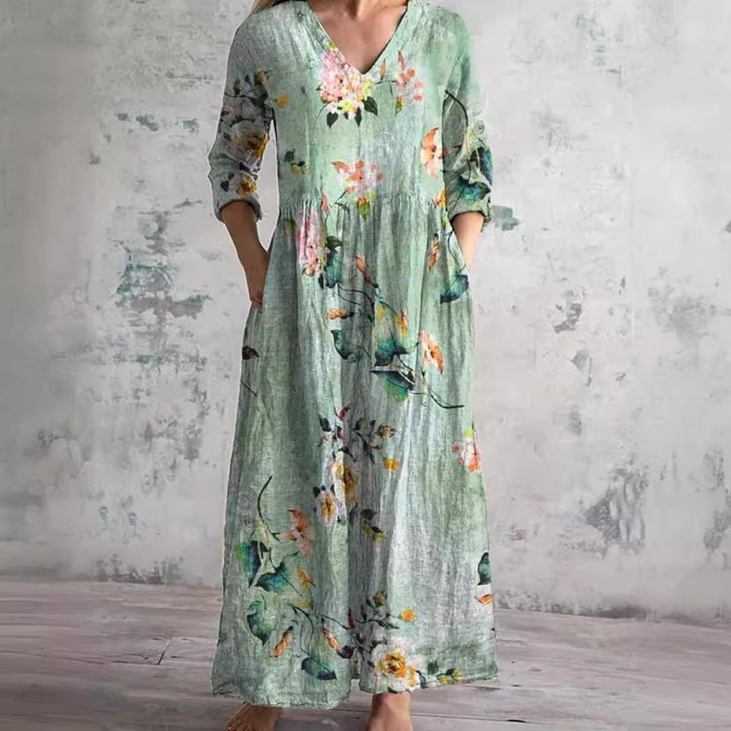 Women's Boho Floral V-Neck Three-Quarter Sleeve Maxi Dress with Side Pockets