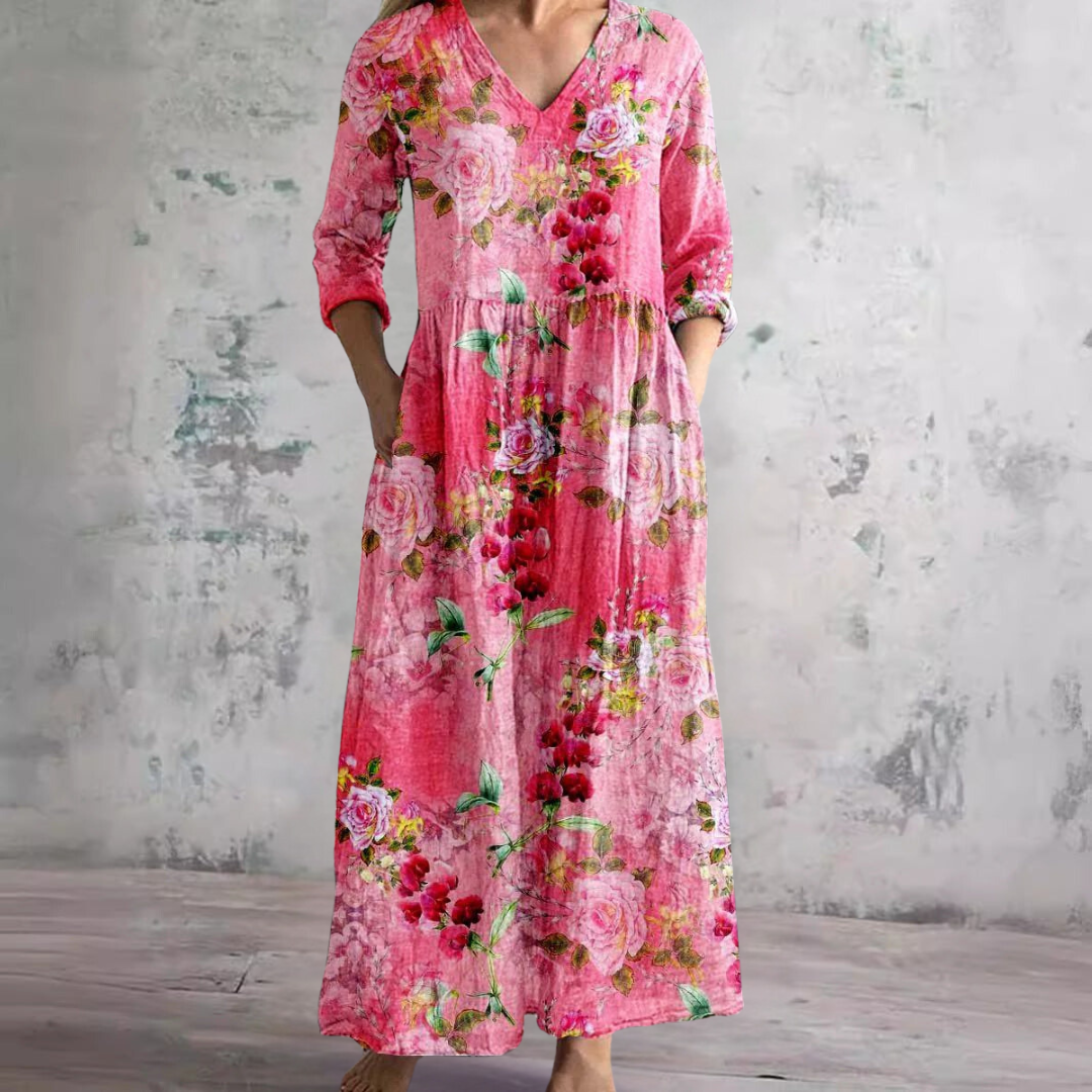 Women's Boho Floral V-Neck Three-Quarter Sleeve Maxi Dress with Side Pockets