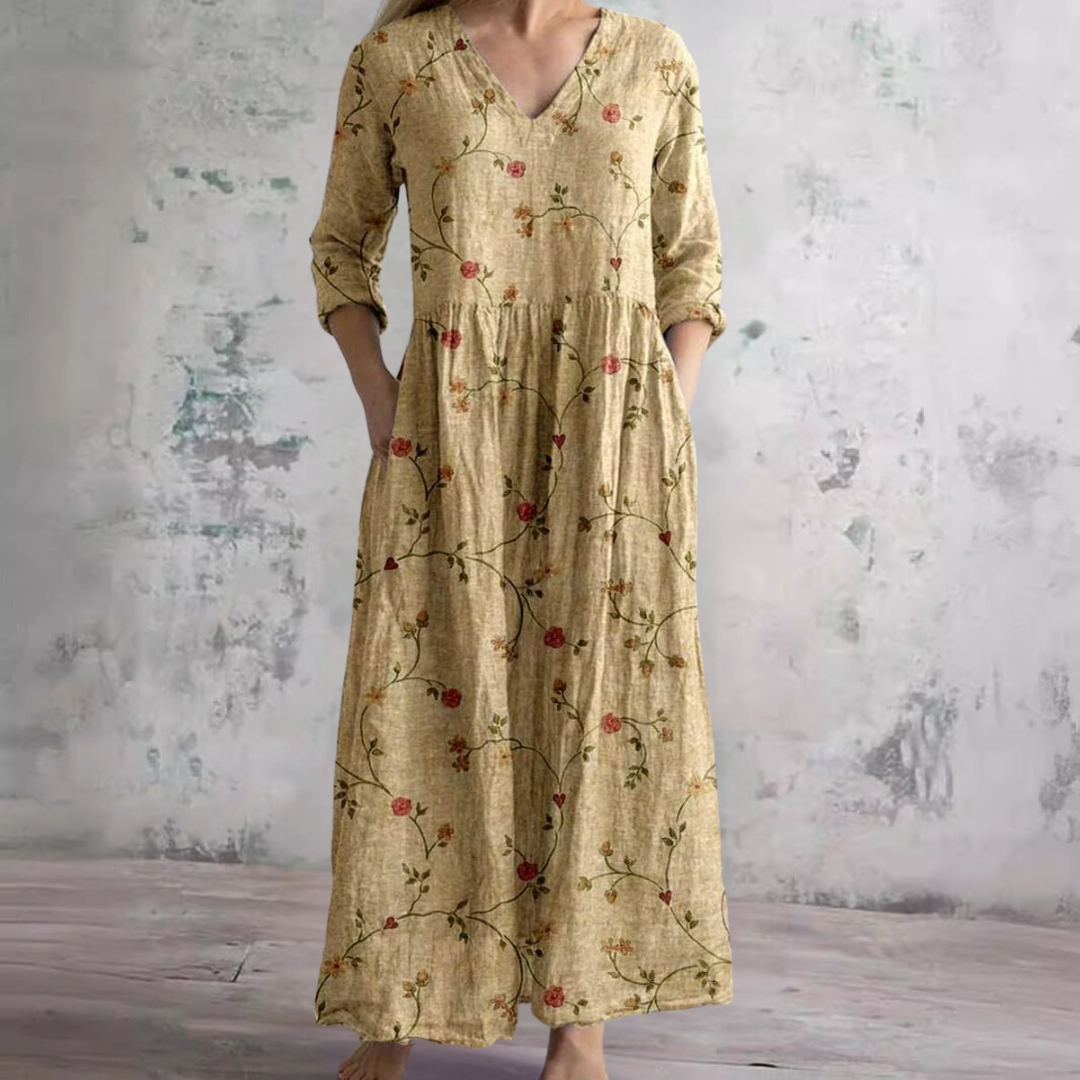 Women's Boho Floral V-Neck Three-Quarter Sleeve Maxi Dress with Side Pockets