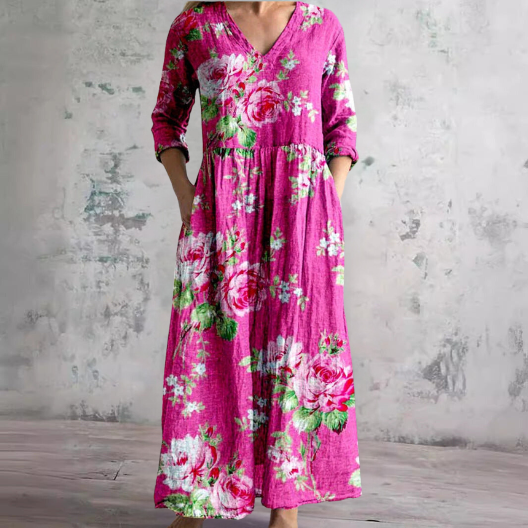 Women's Boho Floral V-Neck Three-Quarter Sleeve Maxi Dress with Side Pockets