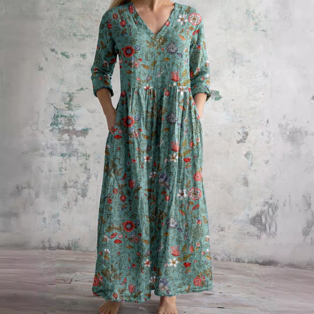 Women's Boho Floral V-Neck Three-Quarter Sleeve Maxi Dress with Side Pockets