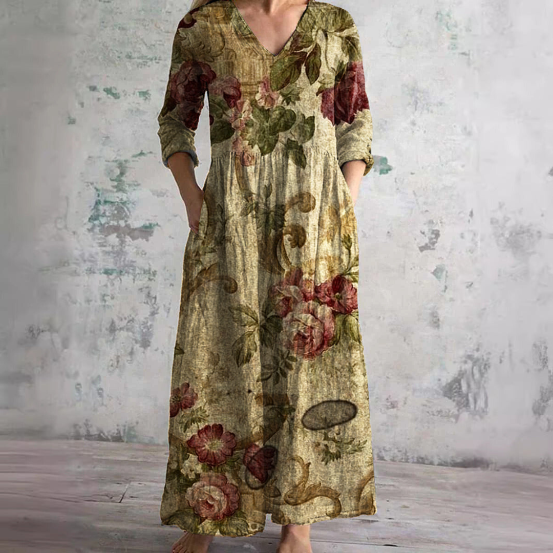 Women's Boho Floral V-Neck Three-Quarter Sleeve Maxi Dress with Side Pockets