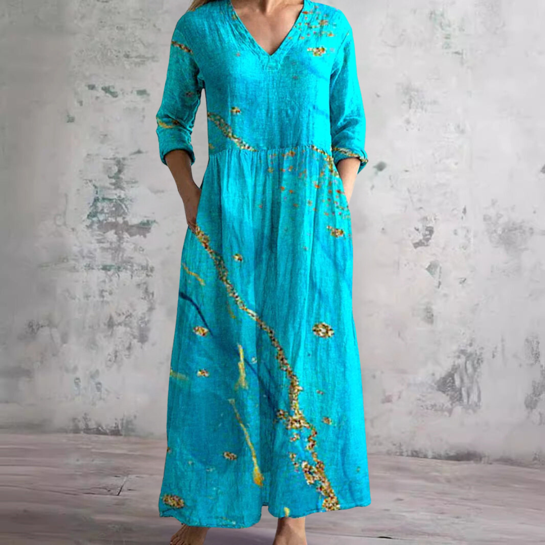 Women's Boho Floral V-Neck Three-Quarter Sleeve Maxi Dress with Side Pockets