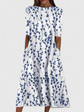 Women's Botanical Print Round-Neck Half-Sleeve A-Line Midi Dress with Side Pockets