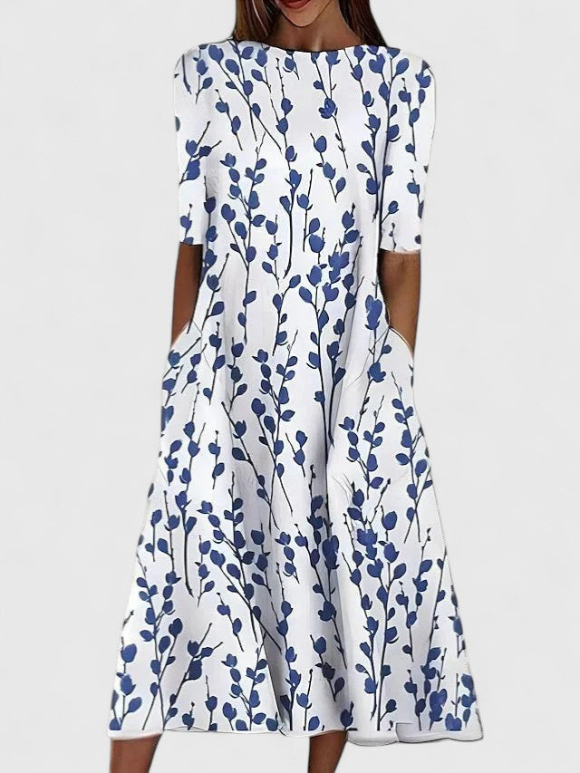 Women's Botanical Print Round-Neck Half-Sleeve A-Line Midi Dress with Side Pockets