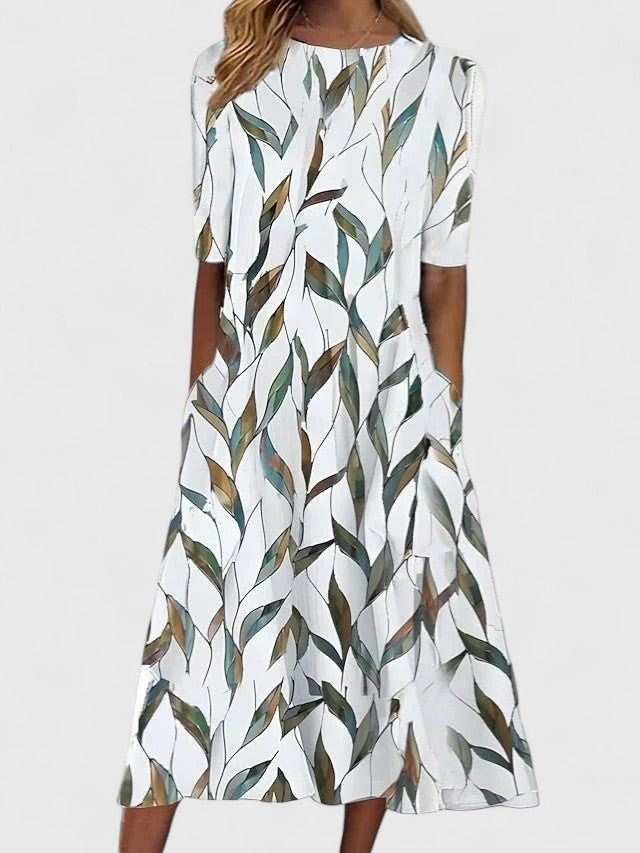 Women's Botanical Print Round-Neck Half-Sleeve A-Line Midi Dress with Side Pockets