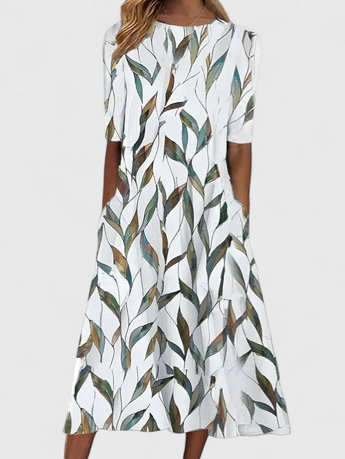 Women's Botanical Print Round-Neck Half-Sleeve A-Line Midi Dress with Side Pockets