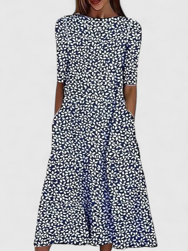 Women's Botanical Print Round-Neck Half-Sleeve A-Line Midi Dress with Side Pockets