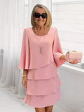 Women's Catherine | Layered Ruffle Round Neck Three-Quarter Sleeve Midi Dress